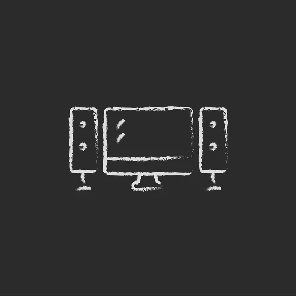 Телевизор с плоским экраном и динамиками, нарисованными мелом — стоковый вектор