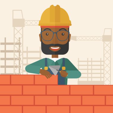Black builder man is building a brick wall. clipart
