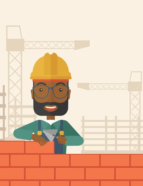 Black builder man is building a brick wall. — Stock Vector