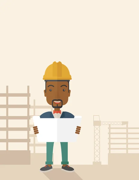Travailleur de la construction afro-américain tenant le plan . — Image vectorielle