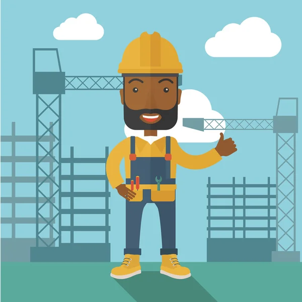 Hombre negro de pie frente a la torre de la grúa de construcción . — Vector de stock