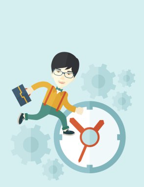 Japanese Worker with briefcase is running out of time.