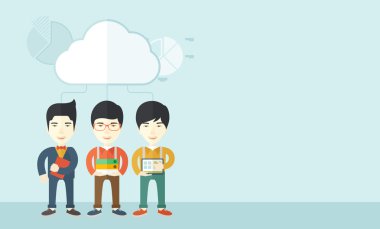 Three asian men holding book files, notebook and tablet.