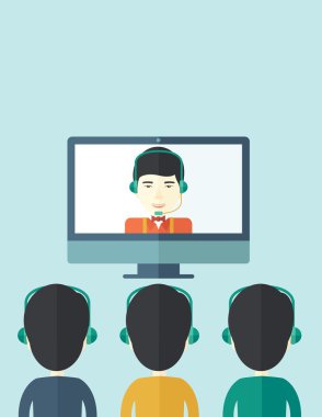 Group of employees with chinese guys in online discussion.