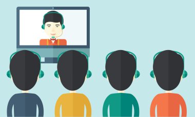 Group of employees with chinese guys in online discussion.