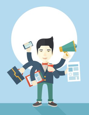 Young but happy japanese employee doing multitasking office tasks. clipart