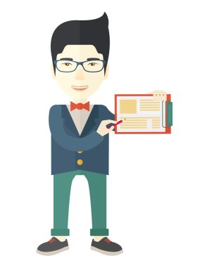 Handsome asian man wearing blue jacket holding his clipboard.