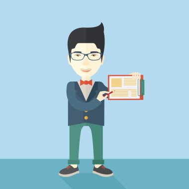 Handsome asian man wearing blue jacket holding his clipboard.