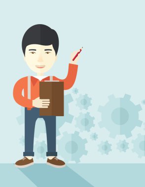 Chinese lecturer with gears background