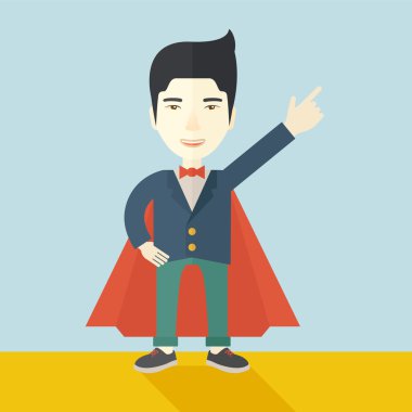 Kahraman Çinli adam gökyüzüne yüksek işaret. 