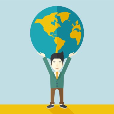 Chinese Businessman carrying big globe.