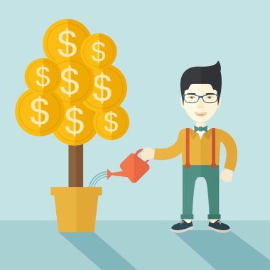 Asian businessman happily watering the money tree.