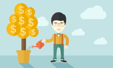 Asian businessman happily watering the money tree.