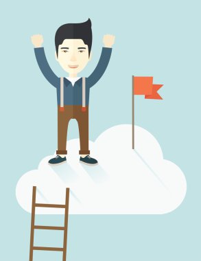 Asian man standing on the top of cloud with red flag.