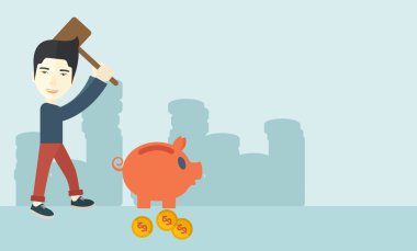 Chinese guy holding a hammer breaking piggy bank.