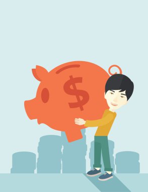 Chinese businessman carries a big piggy bank for saving money.
