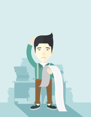 Sad japanese employee holding a list of payables.