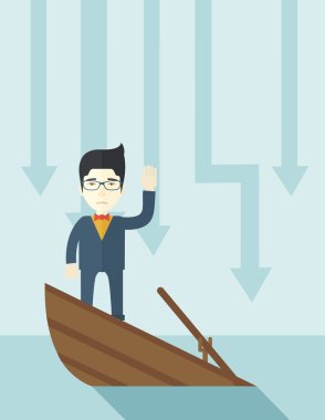 Failure chinese businessman standing on a sinking boat.