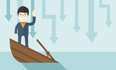 Failure chinese businessman standing on a sinking boat.