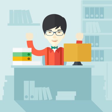 Very happy chinese businessman raising his both hands.