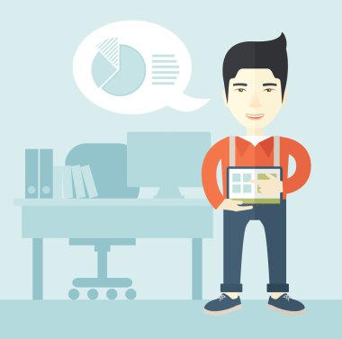 Chinese man standing with his tablet.