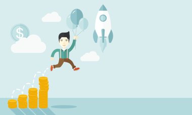 Asian businessman holding balloons.