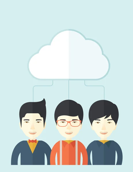 Tre uomini asiatici sotto la nuvola — Vettoriale Stock