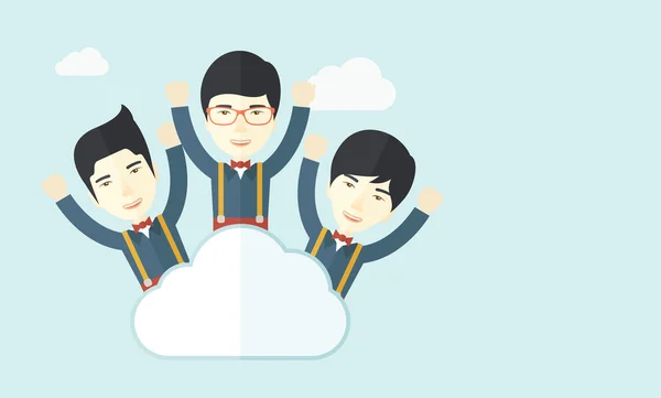 Tres felices empresarios chinos en la nube — Vector de stock