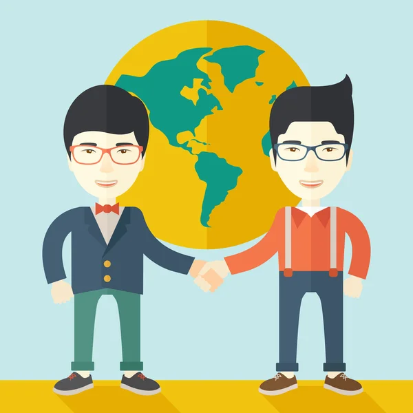 Two chinese guys happily handshaking. — 스톡 벡터