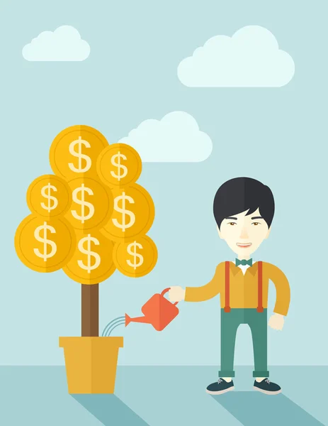 Asiático empresário feliz molhando a árvore de dinheiro . — Vetor de Stock