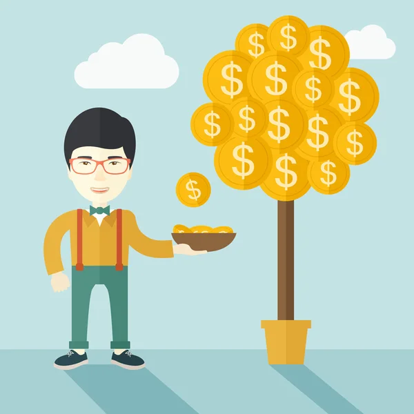 Successful chinese businessman standing while catching a dollar coin. — Stockvector