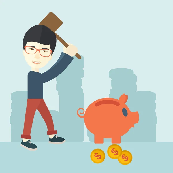 Chinese guy holding a hammer breaking piggy bank. — Stock Vector