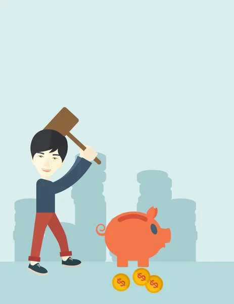 Chinese guy holding a hammer breaking piggy bank. — 스톡 벡터