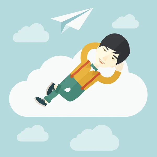 Asian man lying on a cloud with paper plane. — Stock Vector