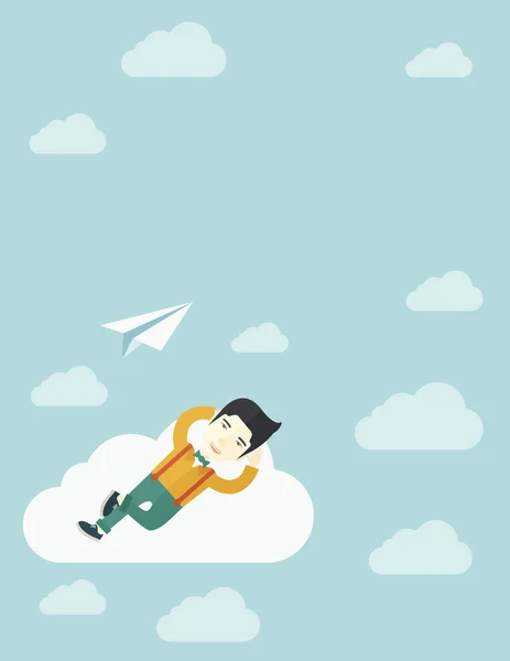 Asian man lying on a cloud with paper plane. — ストックベクタ