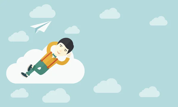 Asian man lying on a cloud with paper plane. — Stock Vector