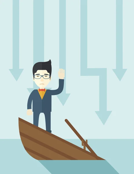 Failure chinese businessman standing on a sinking boat. — Stockvector