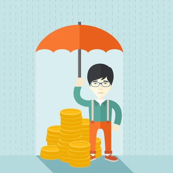 Chinese businessman with umbrella as protection for his investment. — Stock Vector