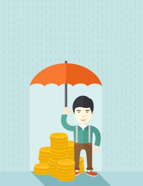 Chinese businessman with umbrella as protection for his investment. — Stockvector