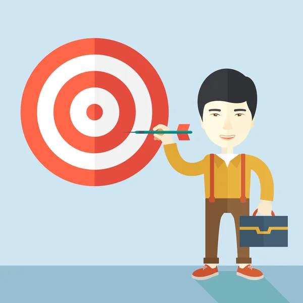 Working chinese man holding a target arrow — Διανυσματικό Αρχείο