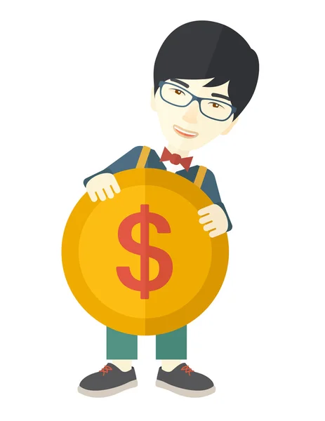 Asian Businessman holding a big coin — Stockvector