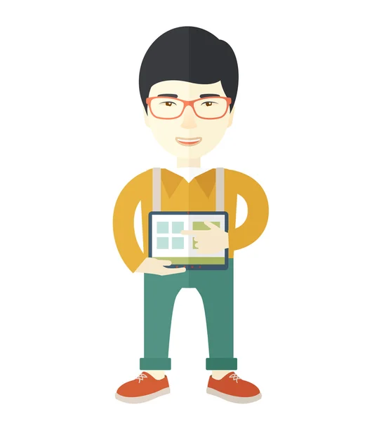 Japanese Man holding a screen tablet — Stockvector