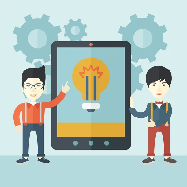 Dva podnikatelé drží velké obrazovce tabletu. — Stockový vektor