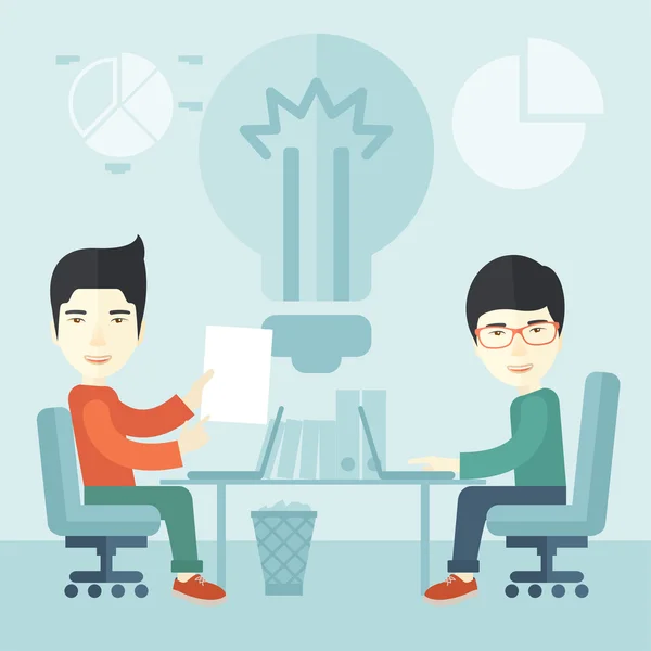 Two japanese businessmen sitting working together. — Stock Vector