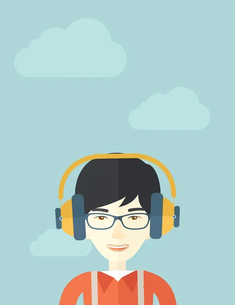 Chinese young guy with headphone. — 스톡 벡터
