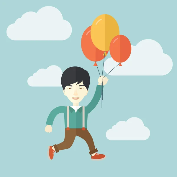 Junger Japaner fliegt mit Luftballons. — Stockvektor