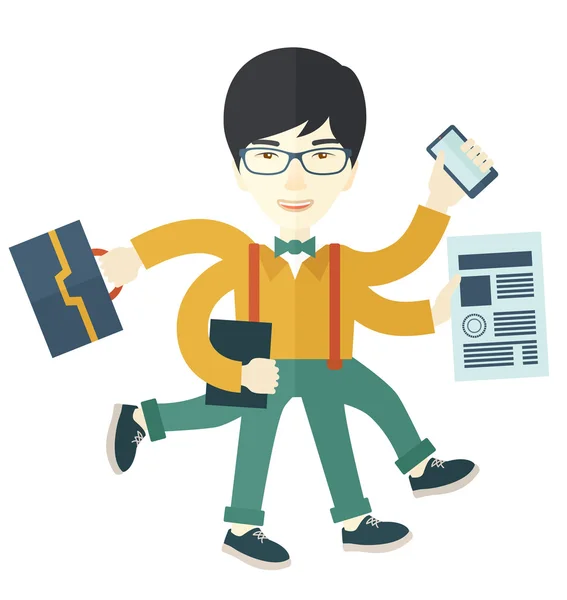 Chinese guy with multitasking job. — Stock Vector