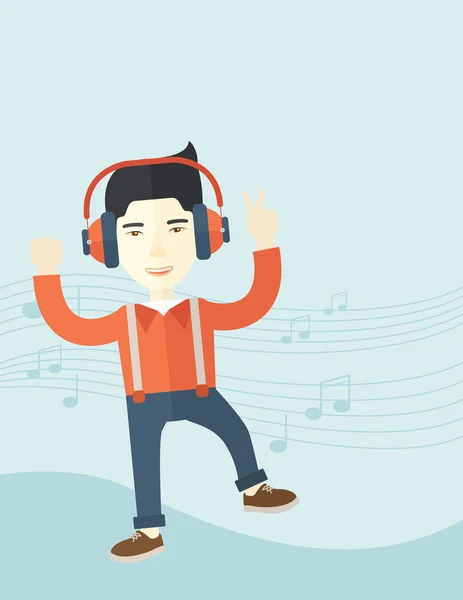 Happy young man dancing while listening to music. — Stock Vector