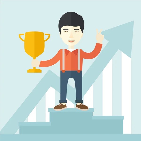 Asian man standing on the winning podium — Stockvector