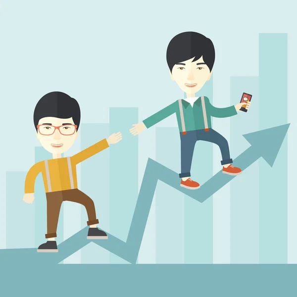 Two chinese guy walking in arrow going up. Stock Illustration